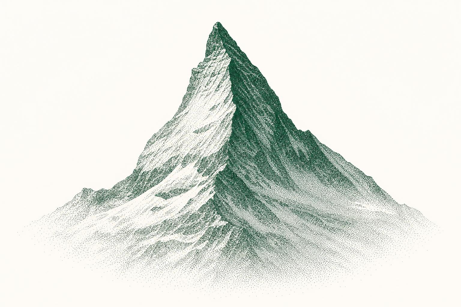 Halftone stippled illustration of a mountain peak rendered in deep forest green